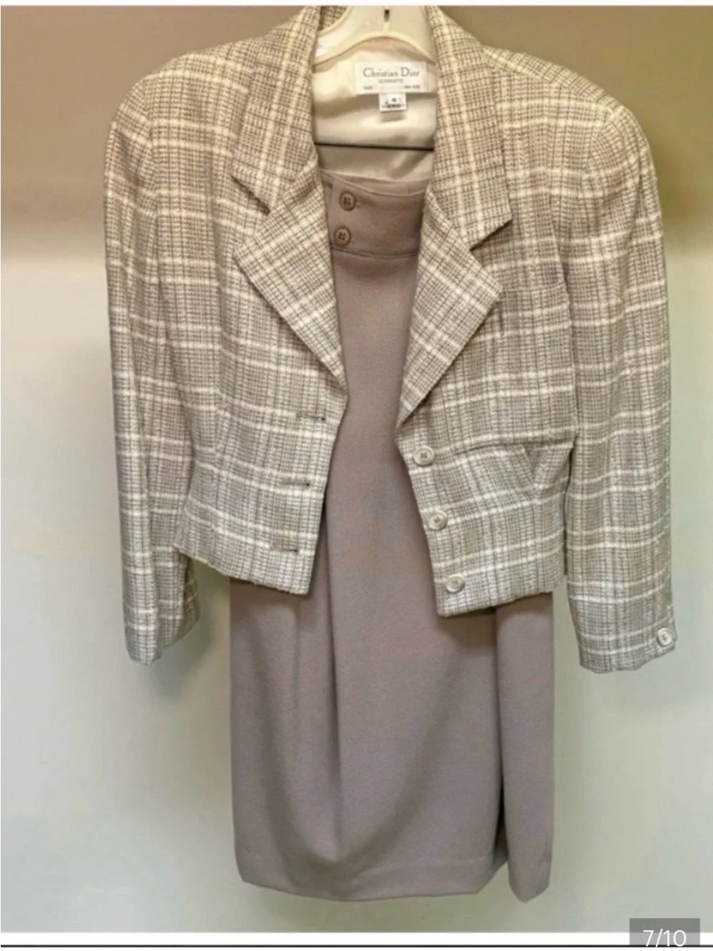 Dior Cropped Plaid Blazer in Taupe and Ivory and skirt